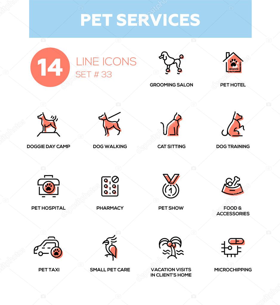 Pet services - modern vector single line icons set