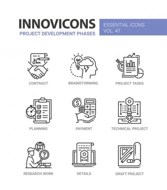 Proje geliştirme aşamaları - modern vektör hat Icons set