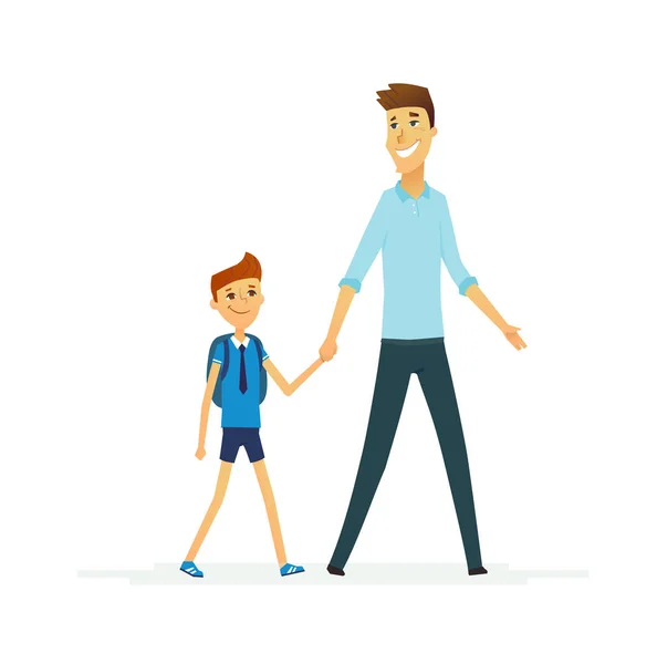 Padre porta il figlio a scuola - personaggi dei cartoni animati illustrazione isolata — Vettoriale Stock