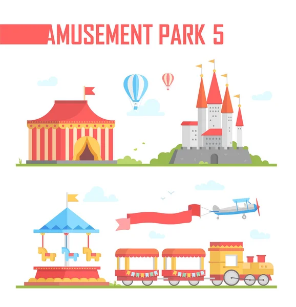 Conjunto de elementos del parque de atracciones - ilustración vectorial moderna — Vector de stock