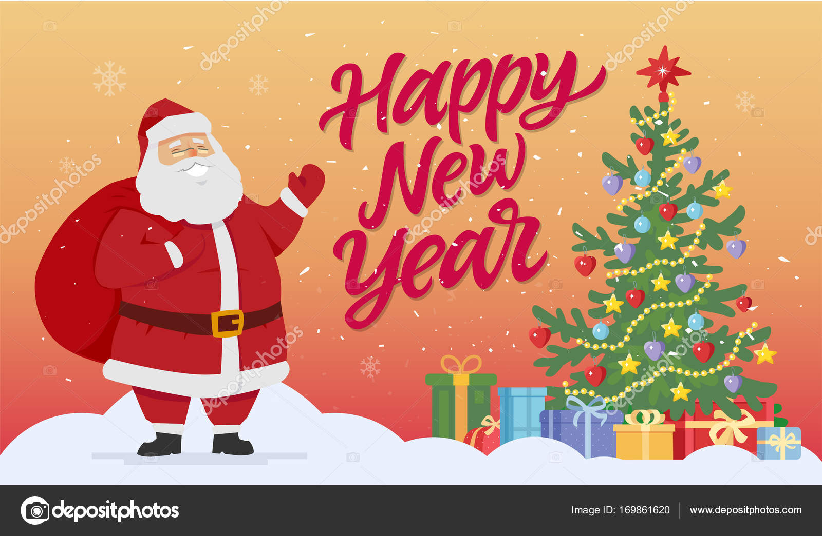 Santa con árbol de Navidad y regalos - ilustración de personajes de dibujos  animados modernos vector, gráfico vectorial ©  imagen  #169861620