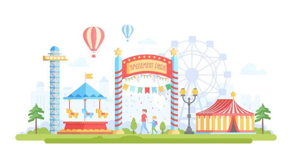 Stad met pretpark - moderne platte ontwerp stijl vectorillustratie — Stockvector