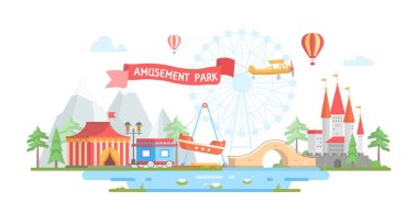 Eğlence Parkı - modern düz tasarım stil vektör çizim ile şehir
