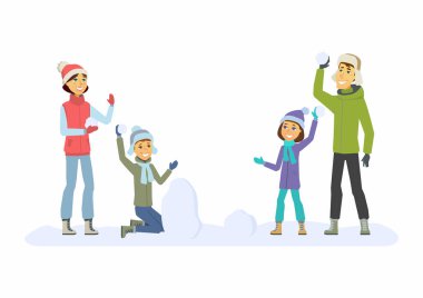 Mutlu aile karakterleri çizimde kartopu - karikatür kişi atma