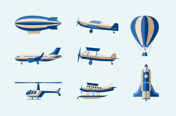 Aeronaves - vector moderno conjunto aislado de objetos — Vector de stock