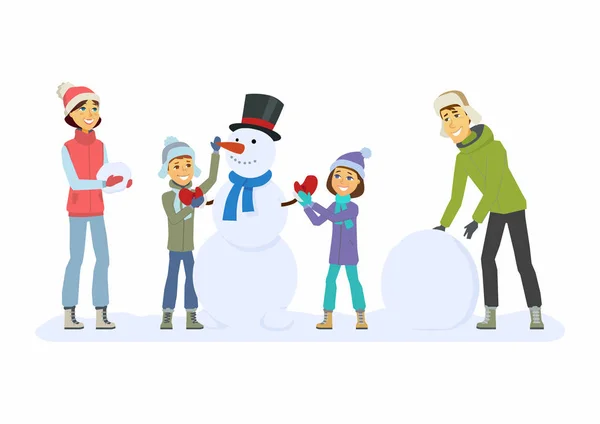 Szczęśliwa rodzina buduje snowman - ilustracja kreskówka ludzie znaków — Wektor stockowy