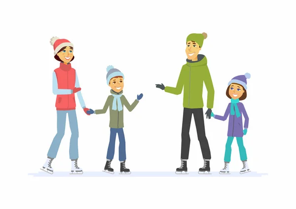 Happy family skating - dessin animé personnages illustration — Image vectorielle
