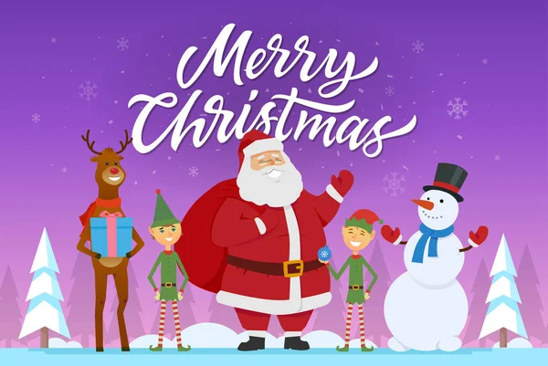 메리 크리스마스-산타, 요정, raindeer, 눈사람, 만화 캐릭터 그림 — 스톡 벡터