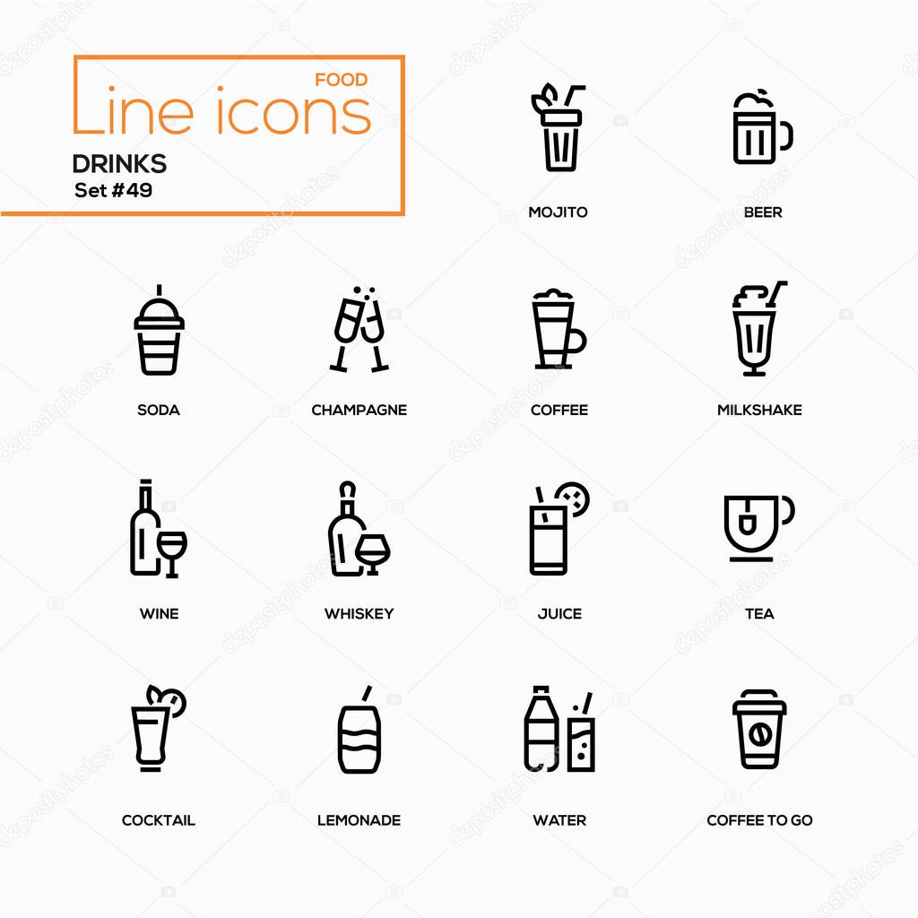 Food theme, alcohol and soft drinks - line design icons set.