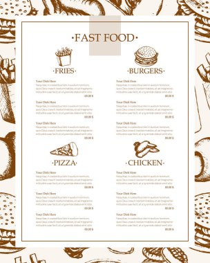 Fast food - tek renkli el çekilmiş şablon menü
