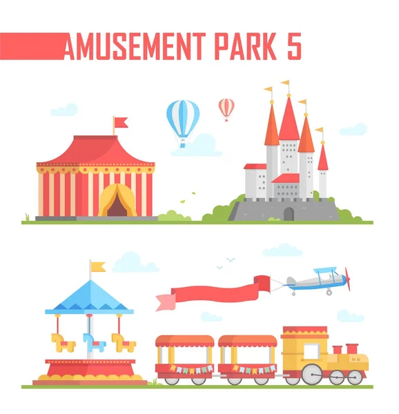 Ensemble d'éléments de parc d'attractions illustration vectorielle moderne — Image vectorielle