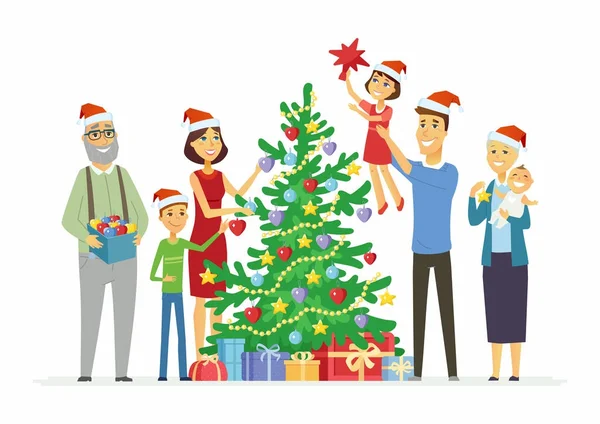 Familia feliz decora árbol de Navidad - ilustración personajes de dibujos animados — Vector de stock