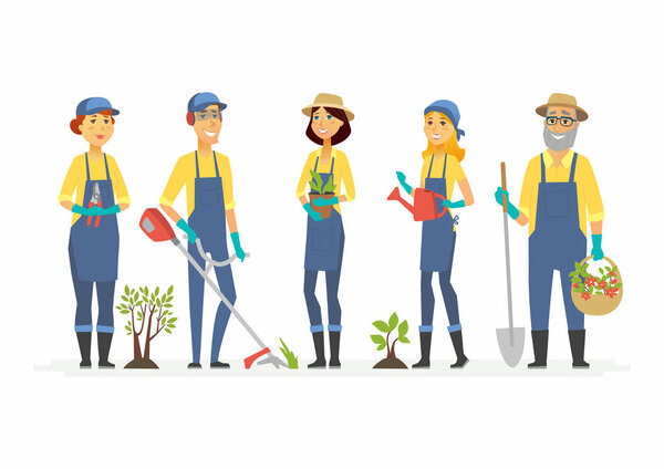 Садовники с инструментами - персонажи мультфильмов изолированные иллюстрации
