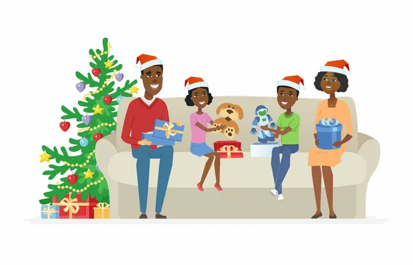 Щасливі африканської родині відкрити різдвяні подарунки - мультфільм людей символи ілюстрація — стоковий вектор