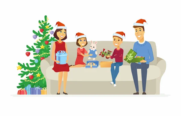 Happy family open Christmas presents - cartoon people characters illustration — Stock Vector