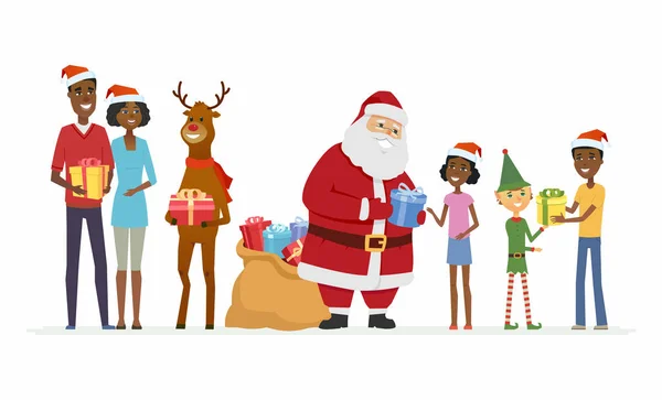 Père Noël avec compaions féliciter la famille africaine personnages de bande dessinée illustration isolée — Image vectorielle