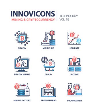 Madencilik ve cryptocurrency - satırı tasarım Icons set