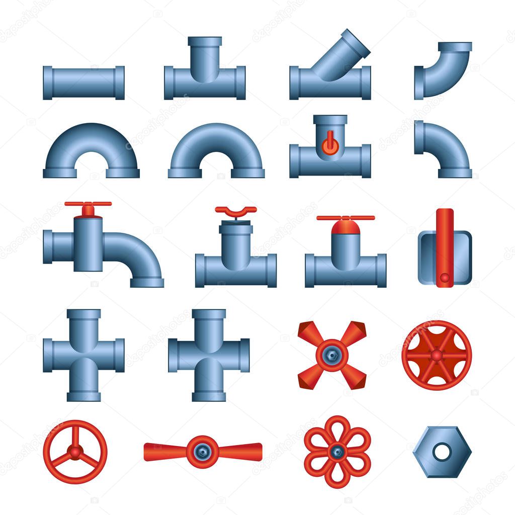 Set of pipes and valves - modern vector isolated clip art