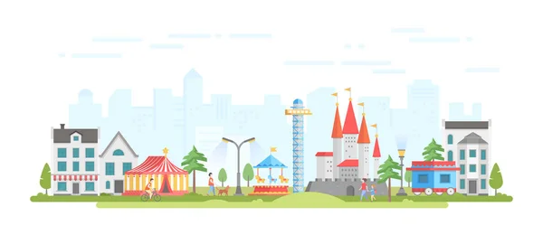 Cidade com parque de diversões - ilustração de vetor de estilo de design plano moderno —  Vetores de Stock