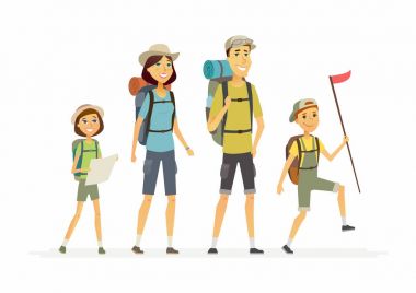 Aile goes hiking - çizgi film insanların karakterleri izole illüstrasyon