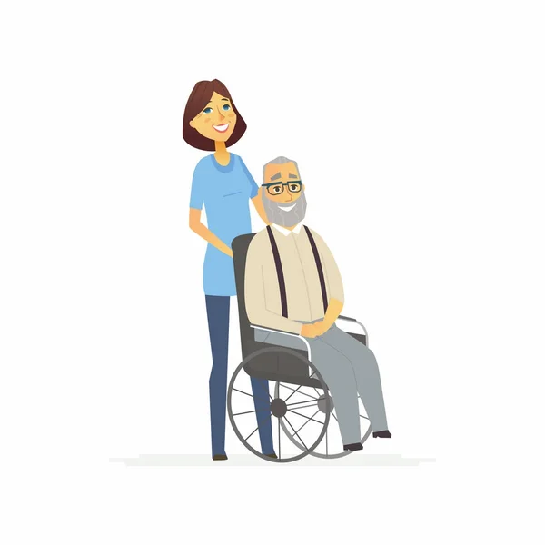 장애인된 남자와 자원 봉사-만화 사람들이 고립 된 그림 문자 — 스톡 벡터
