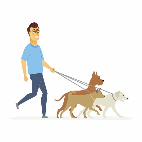 Εθελοντής βοηθά να περπατήσει τα σκυλιά - γελοιογραφία άνθρωποι απομονωμένοι Εικονογράφηση χαρακτήρων — Διανυσματικό Αρχείο