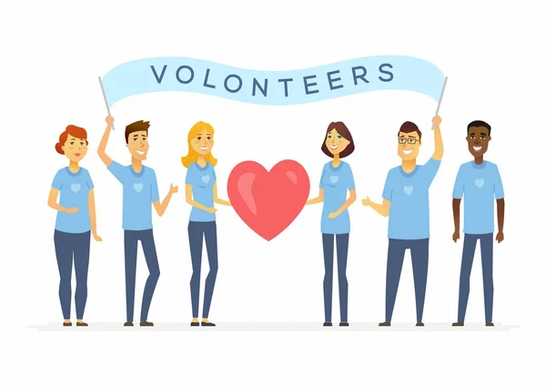 Voluntarios felices con una pancarta - personajes de dibujos animados ilustración aislada — Vector de stock