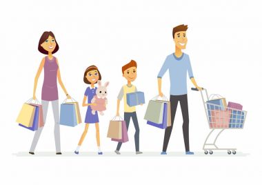 Aile alışveriş gidiyor - insanların karakter karikatür illüstrasyon izole
