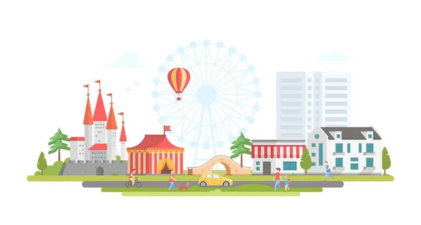 Ciudad con parque de atracciones - diseño plano moderno estilo vector ilustración — Vector de stock