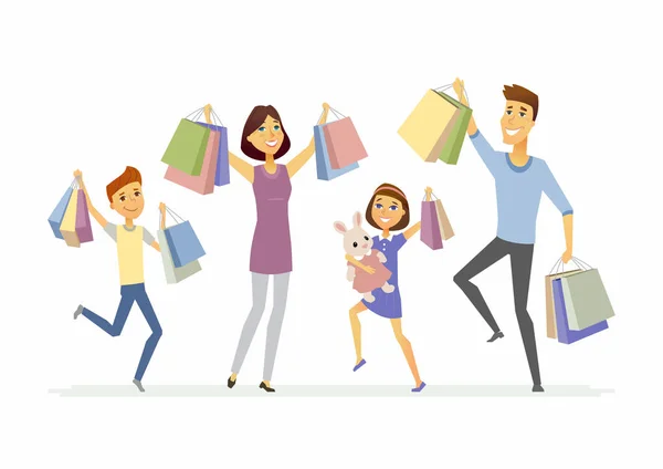 Família feliz gosta de fazer compras - desenhos animados personagens personagens ilustração isolada — Vetor de Stock