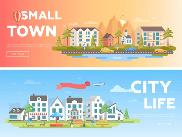 Town and city - set of modern flat vector illustrations — Stock Vector