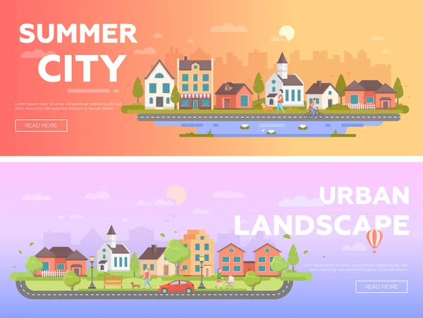 Ciudad de verano, paisaje urbano - conjunto de ilustraciones modernas de vectores planos — Vector de stock