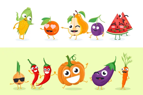 Komik meyve ve sebze - karakter çizimler vektör kümesi izole — Stok Vektör