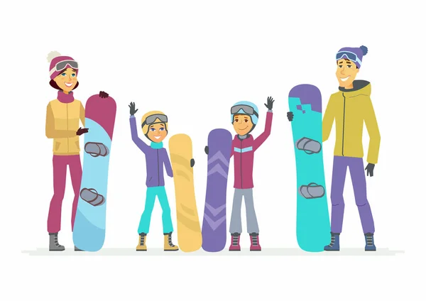 Familie gaat snowboarden - cartoon personen personages geïsoleerde illustratie — Stockvector