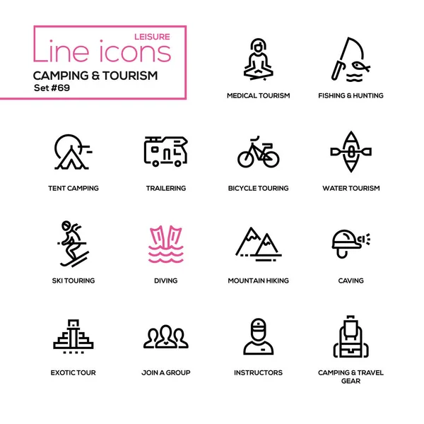 Кемпінг та туризм - набір іконок лінійного дизайну — стоковий вектор