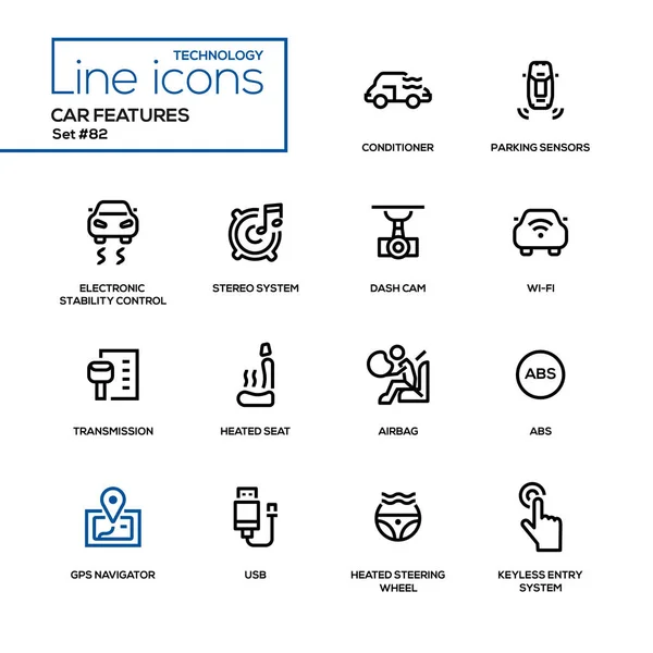 Características del coche - conjunto de iconos de diseño de línea — Vector de stock