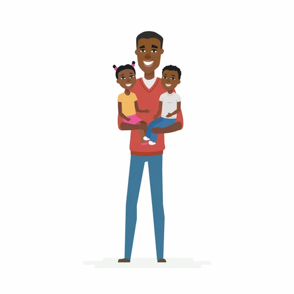 Joven padre africano con bebés personajes de dibujos animados ilustración aislada — Vector de stock