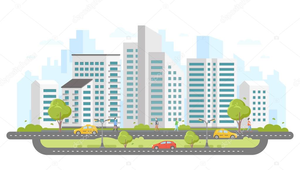 Modern city - colorful flat design style vector illustration