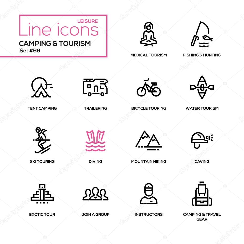 Camping and tourism - line design icons set