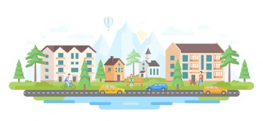 City bölgesindeki dağlar - modern düz tasarım stil vektör çizim