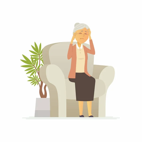Senior Kvinna med huvudvärk - tecknad personer tecken isolerade illustration — Stock vektor