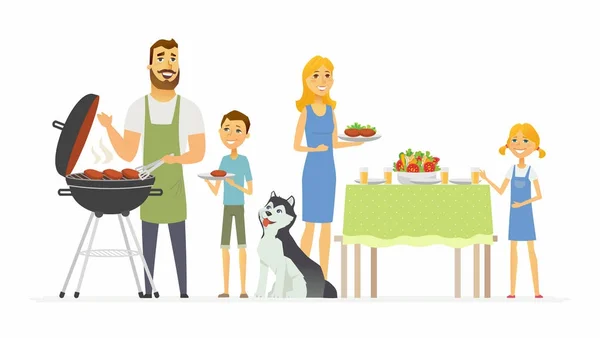 Familia feliz en la barbacoa - ilustración de personajes de dibujos animados modernos — Vector de stock