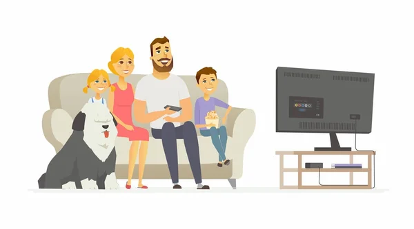 Familia feliz viendo la televisión - ilustración de personajes de dibujos animados modernos — Vector de stock