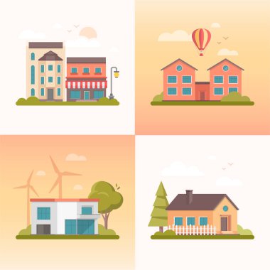 Güzel binalar - modern düz tasarım stil vektör çizimleri ayarla