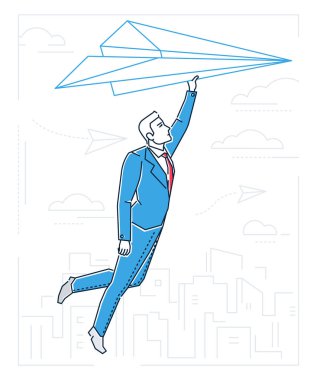 Kağıt uçağa - çizgi stil tasarlamak uçan işadamı