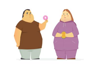 Tombul çift yemek sağlıksız yiyecek - karikatür insanlar izole resimde karakterler