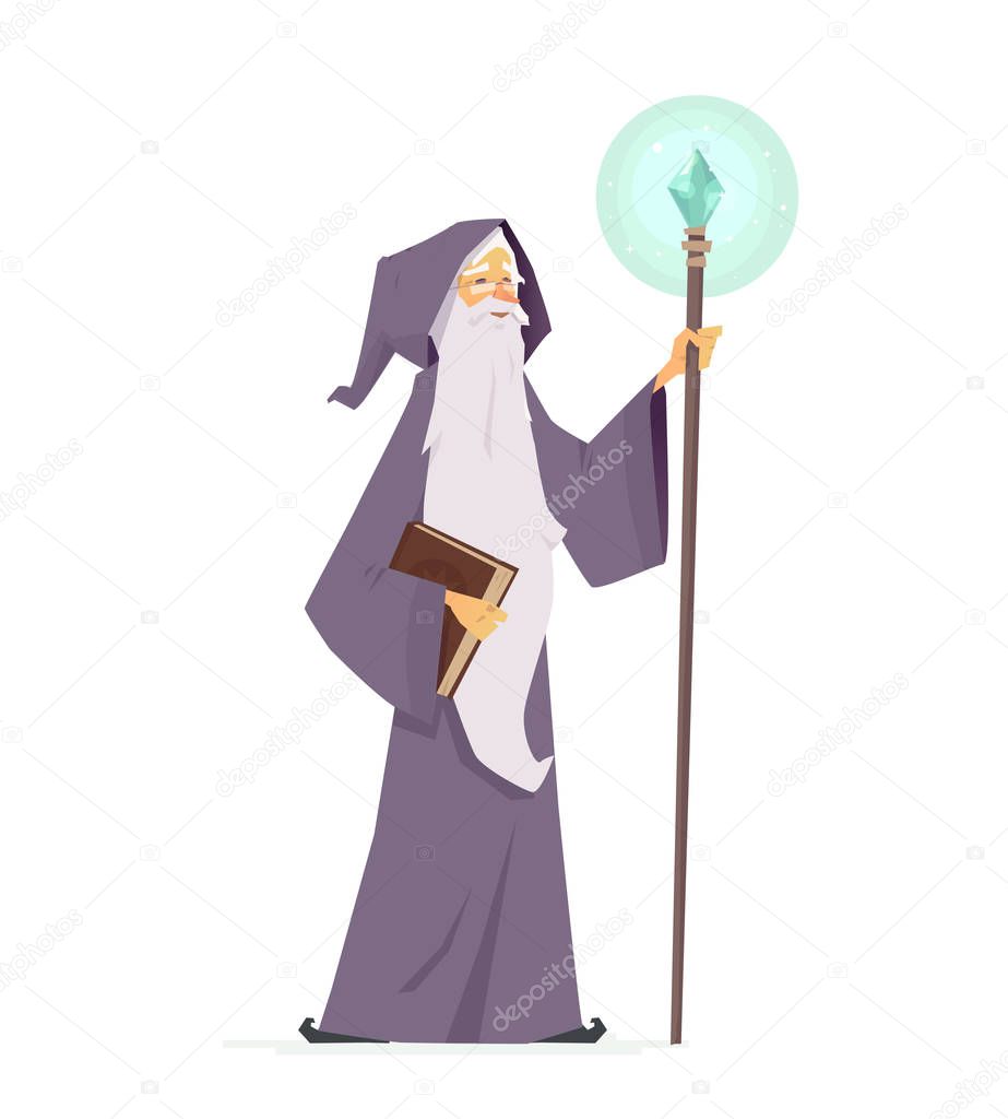 Wizard with magic book and wand - cartoon people characters illustration