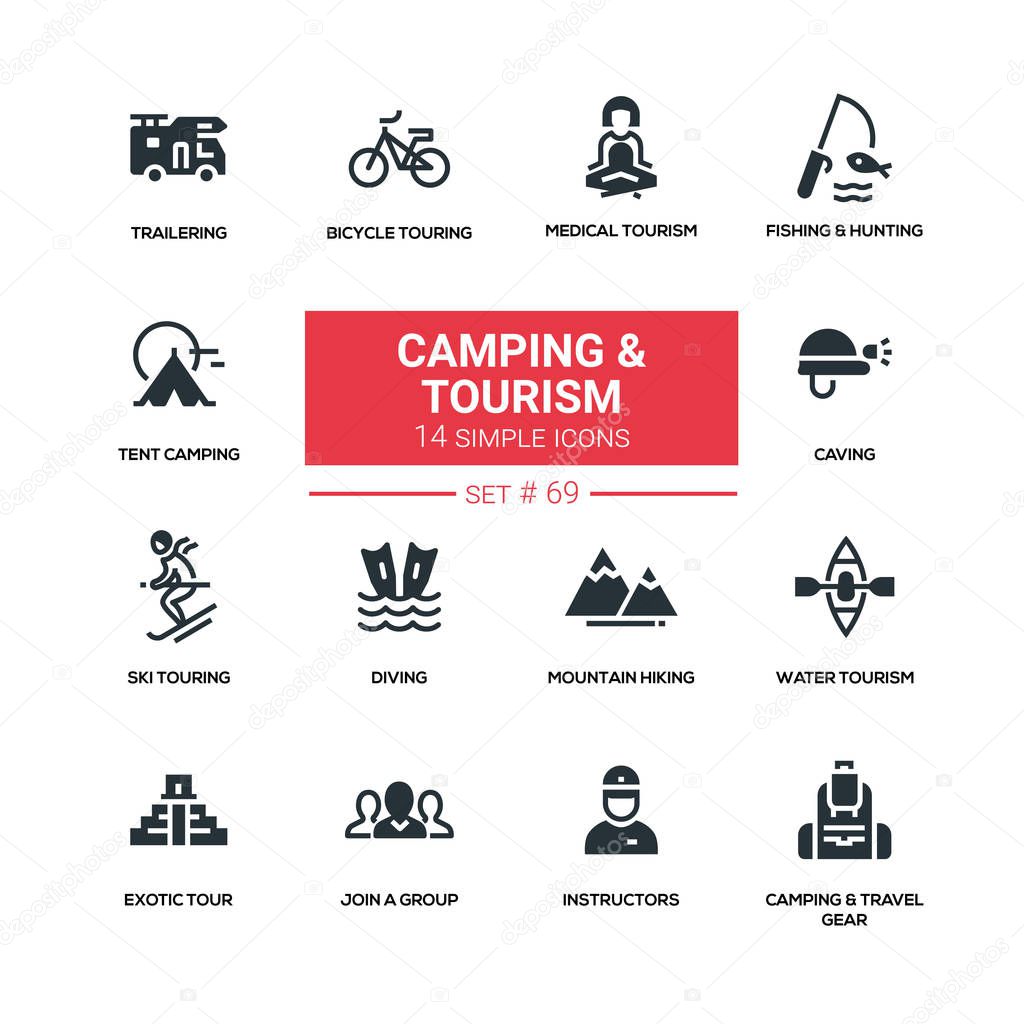 Camping and tourism - line design silhouette icons set