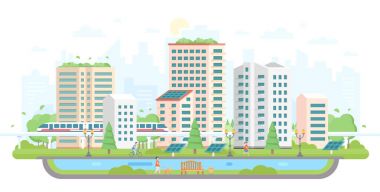 Cityscape güneş panelleri - modern düz tasarım stil vektör çizim ile