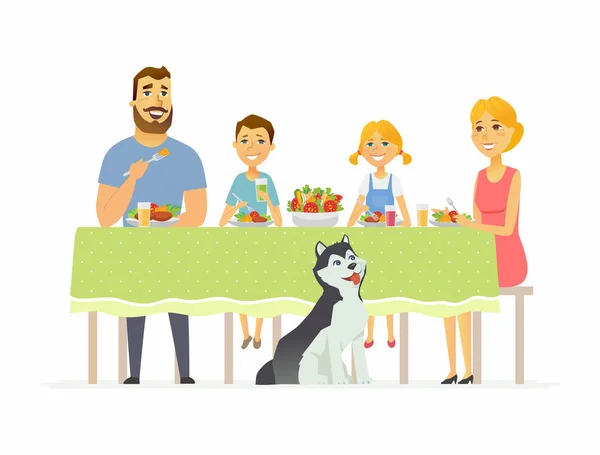 Familia feliz cenando juntos - ilustración de personajes de dibujos animados modernos — Archivo Imágenes Vectoriales
